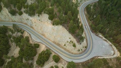 Drone image of a highway leading to Big Bear Mountain Resort with dirt and trees in view